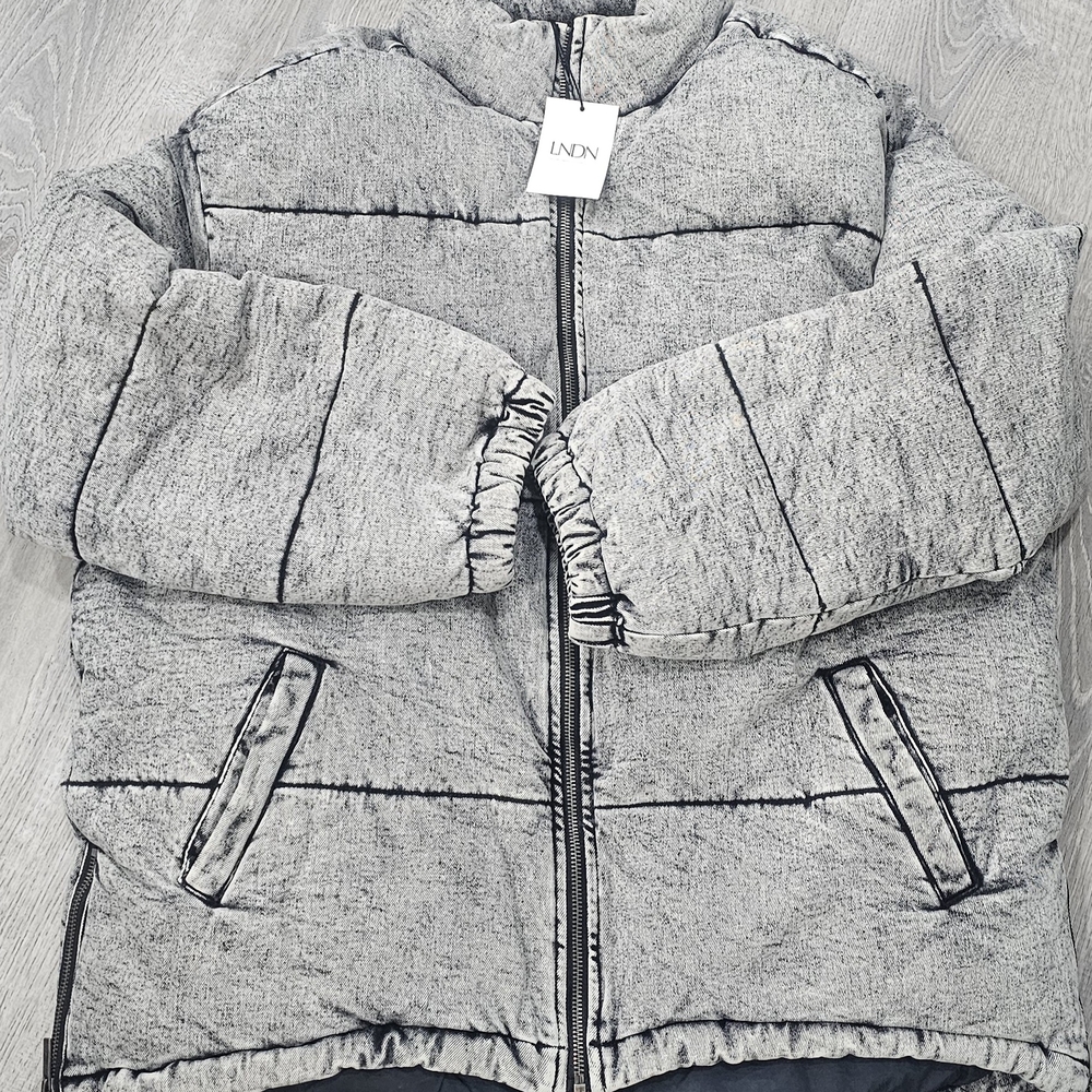 LNDN Grey Acid Wash Denim Puffer Jacket XL Winter Chunky Oversized Coat NWT